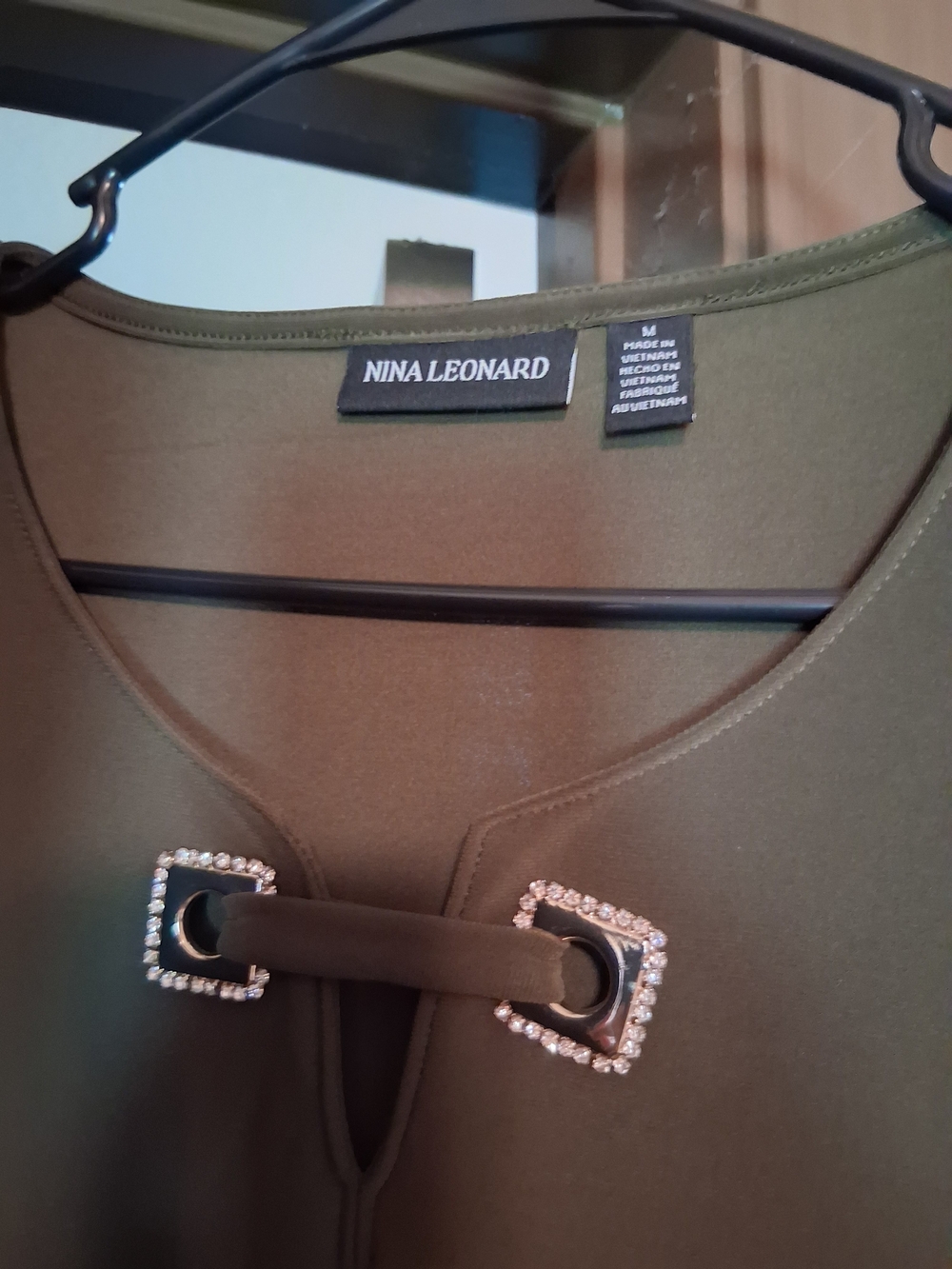 Nina Leonard Olive Green Pant Suit with Rhinestone Buckles